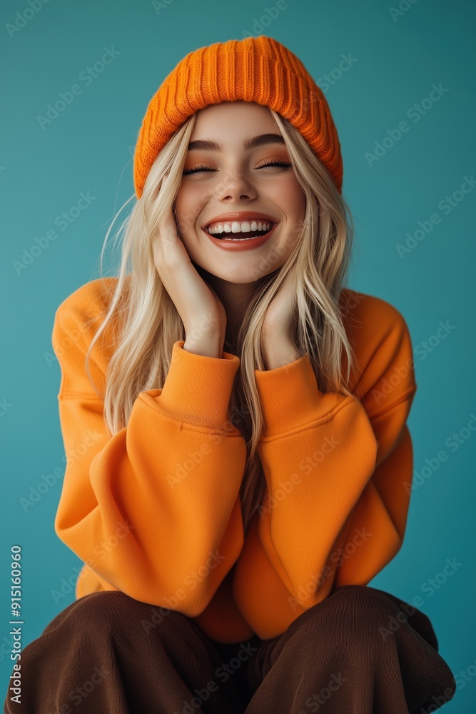 Happy young woman in casual outfit smiling while standing against blue background Happy young woman in casual outfit smiling while standing against blue background