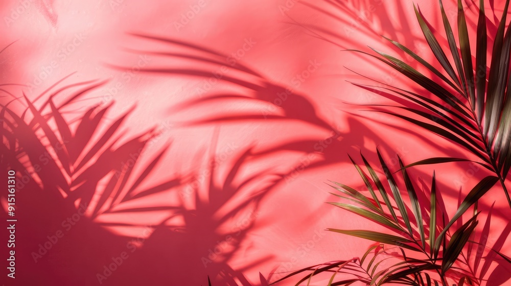 Tropical palm shadow on red and pink background. Trendy pastel paper with exotic plant silhouette flat lay.