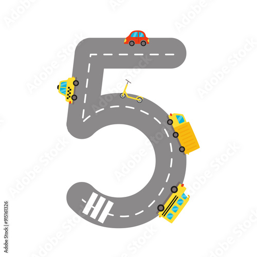 Vector illustration. Road numbers for kids. Number 5.