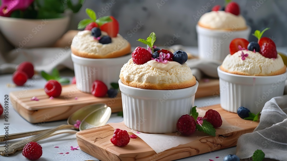 Cream souffle decorated with fresh berries and mint