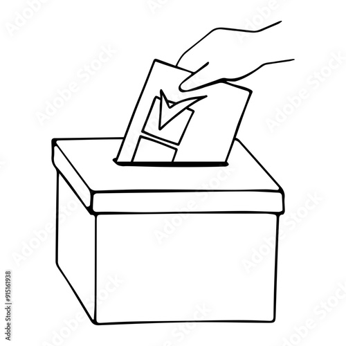 Hand putting vote paper ballot into voting box. Election Vote concept. Monochrome voting ballot box icon. Logo in line style isolated on transparent background. Hand drawing doodle