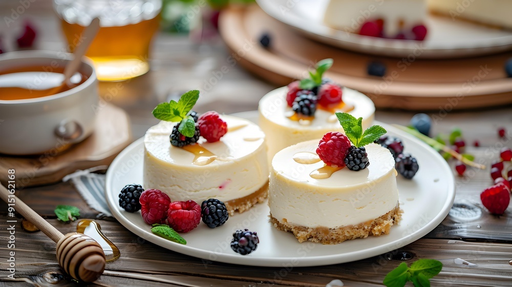 Cheesecakes served with honey and fresh berries Cheesecakes served with honey and fresh berries