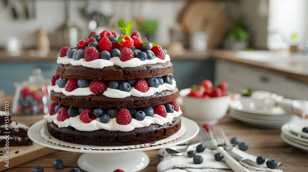 Chocolate cake decorated with thick cream and fresh Chocolate cake decorated with thick cream and fresh