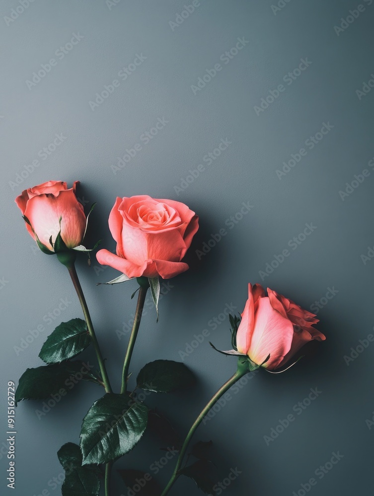 Obraz premium Three pink roses in a decorative vase placed on a gray background, ideal for use as a still life image or to represent love and romance