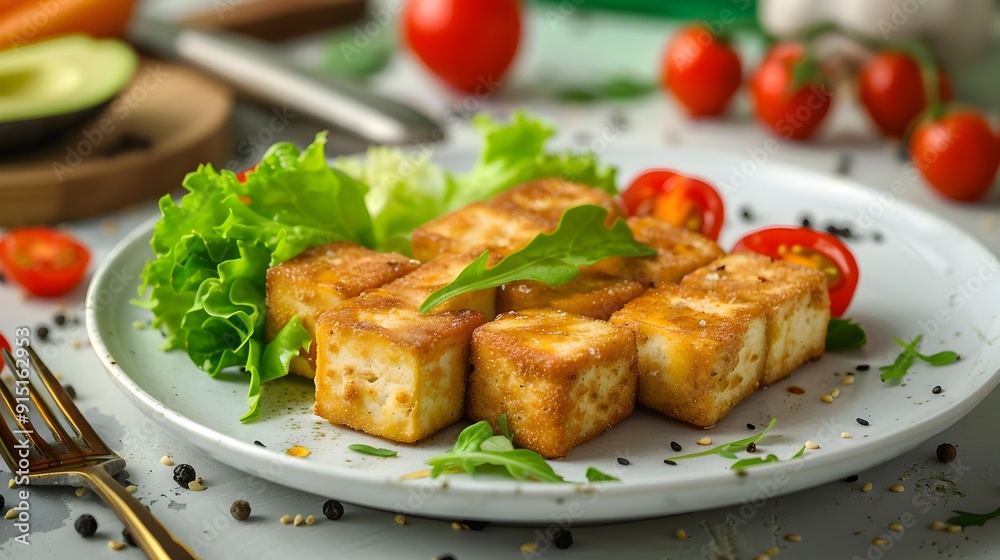 Tofu a portion of fried tofu with vegetables Tofu a portion of fried tofu with vegetables