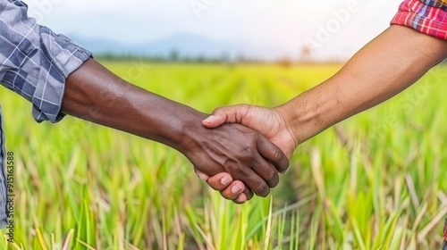 Two men shaking hands in a field of green grass
