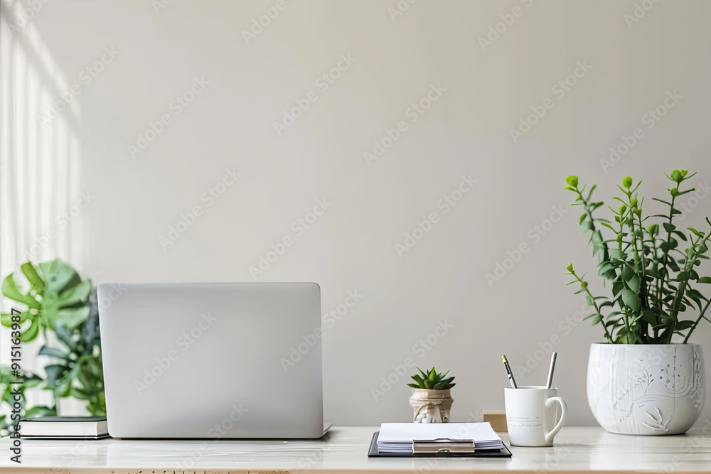 A clean and organized desk with a laptop, a notepad, and a cup of coffee, set against a plain backdrop A clean and organized desk with a laptop, a notepad, and a cup of coffee, set against a plain backdrop