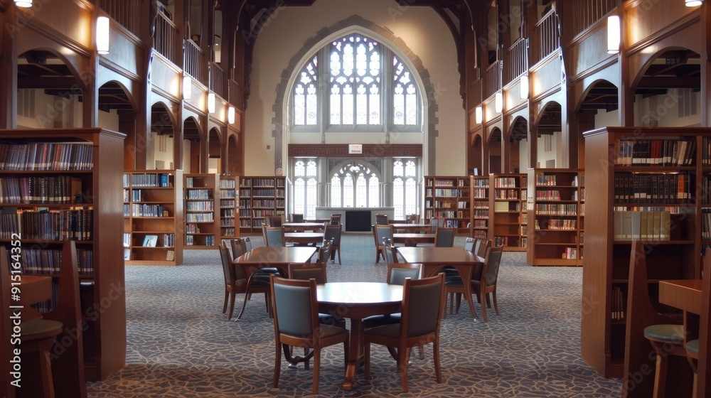 A library with rows of bookshelves and quiet study areas. A library with rows of bookshelves and quiet study areas.