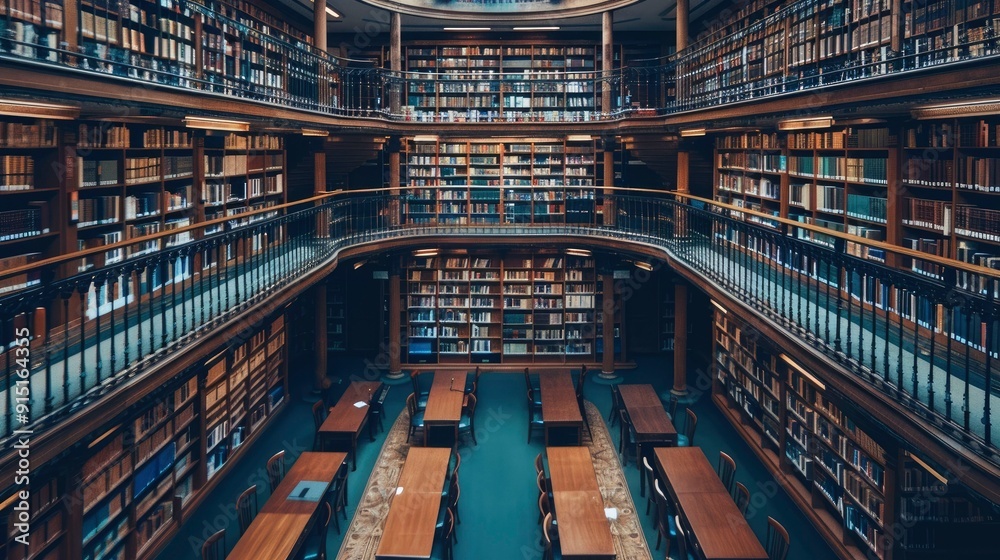 A library with rows of bookshelves and quiet study areas. A library with rows of bookshelves and quiet study areas.