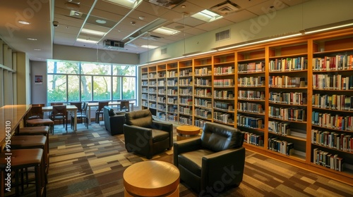 A library with rows of bookshelves and a quiet reading area.