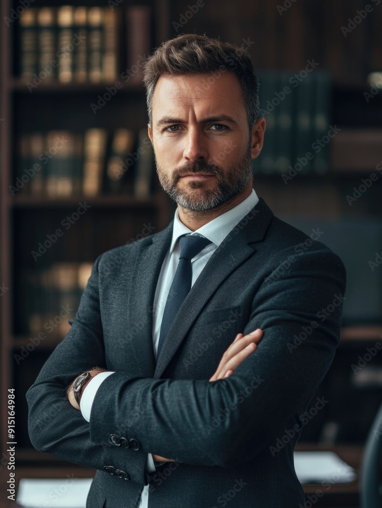 Fototapeta premium A businessman standing with his arms crossed, dressed in a suit and tie