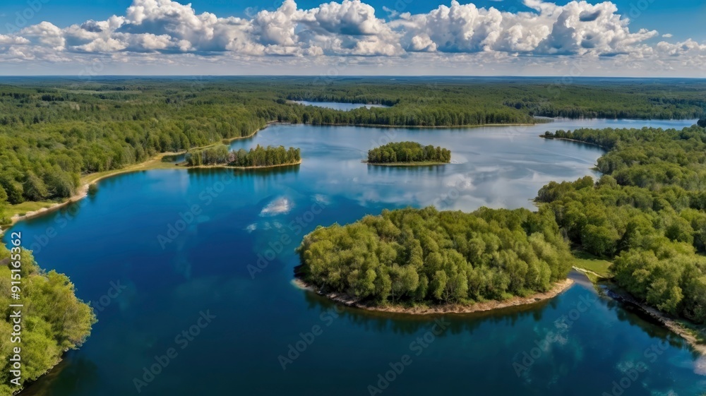  Aerial view of a beautiful lake with blue sky and clouds 