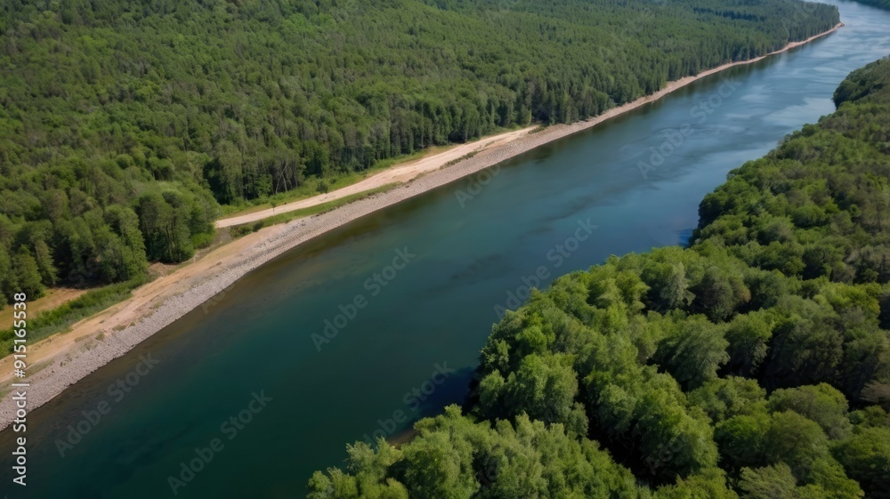 Aerial view of river in forested hills Aerial view of river in forested hills