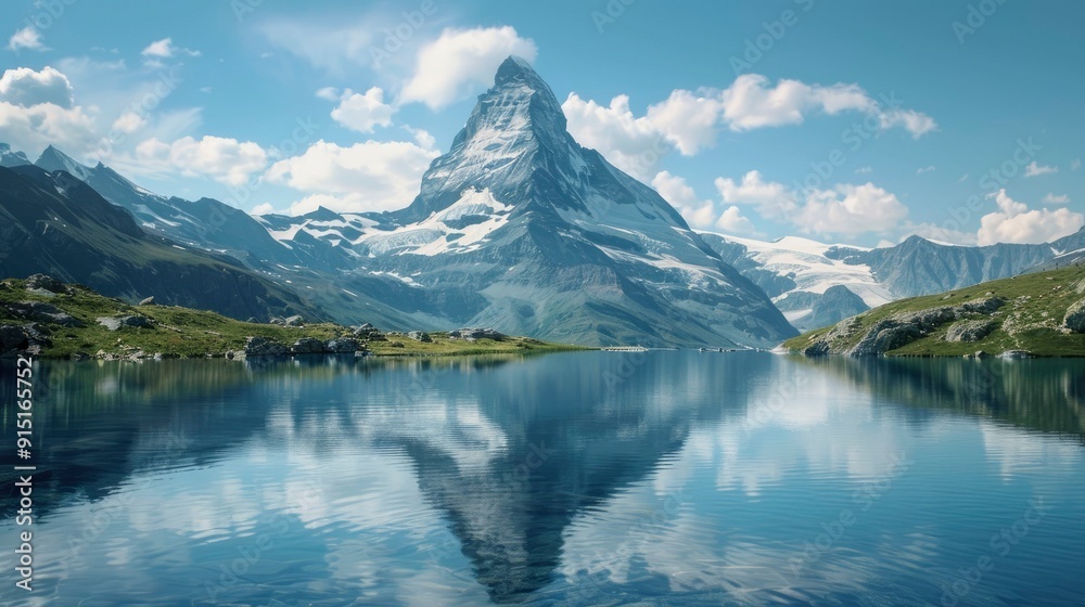 A majestic mountain peak reflecting in a clear blue lake. A majestic mountain peak reflecting in a clear blue lake.