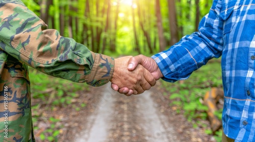 Soldier and Civilian Shaking Hands in a Forest Setting