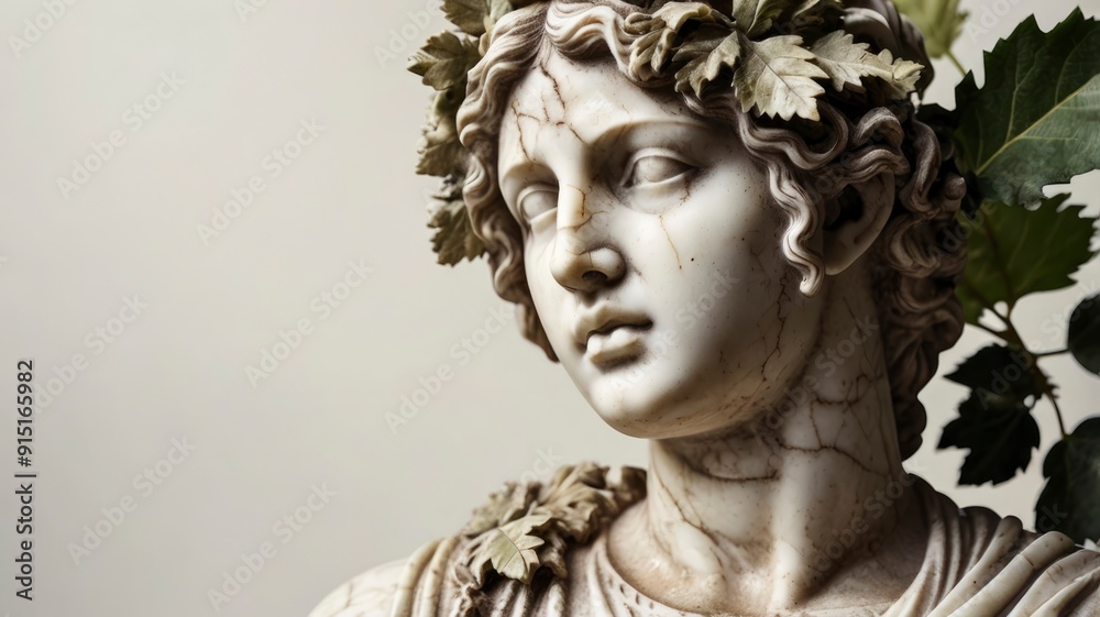 Antique marble bust of a woman with grape leaves in hair, Roman Greek style on light Antique marble bust of a woman with grape leaves in hair, Roman Greek style on light