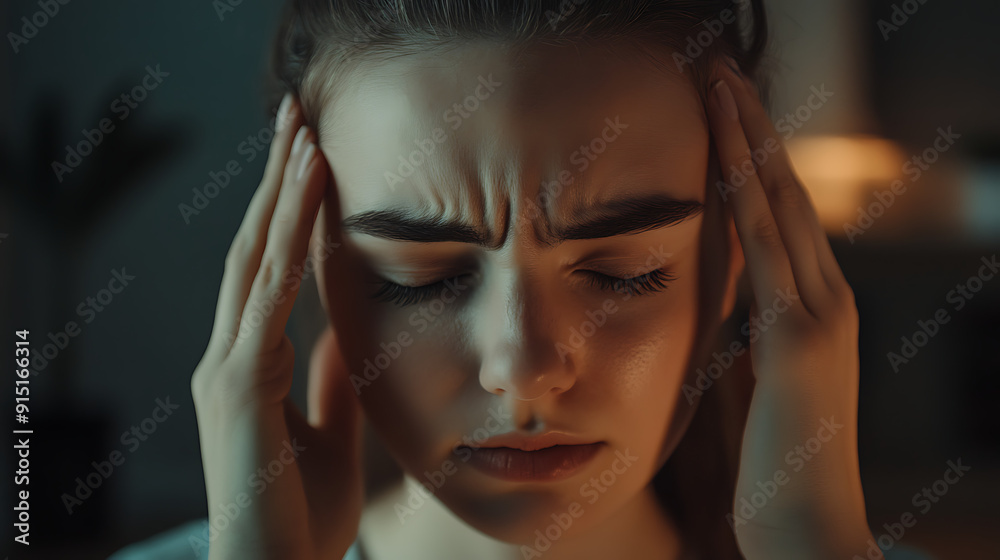 A close-up of a woman pressing her temples, highlighting the strain and tension of a recurring headache A close-up of a woman pressing her temples, highlighting the strain and tension of a recurring headache