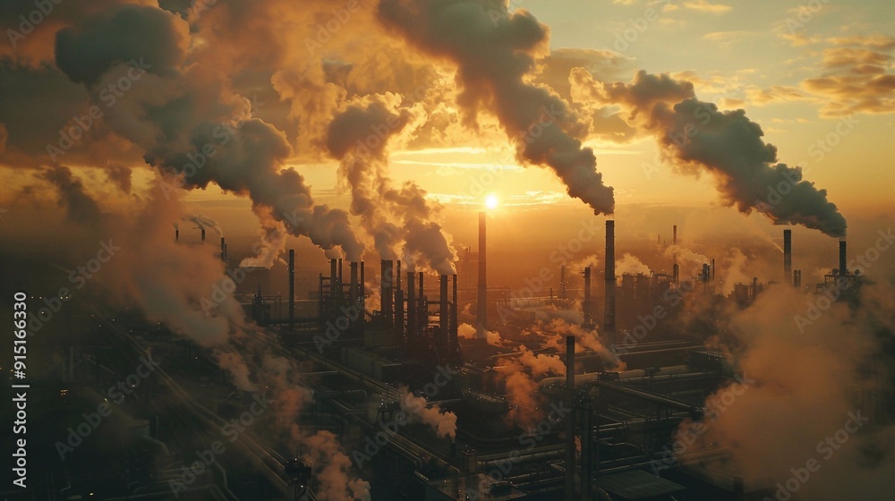 Fototapeta premium Smoke Billows from Industrial Factory Chimneys at Sunset. metalworking shops emit smoke and pollutants
