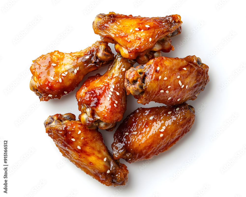 Baked wings in sweet and sour sauce with sesame seeds. Top view, isolated on white background Baked wings in sweet and sour sauce with sesame seeds. Top view, isolated on white background