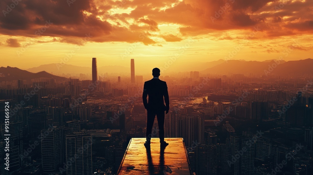 Fototapeta premium Silhouette of a Man Standing on a Rooftop Against a Sunset Cityscape