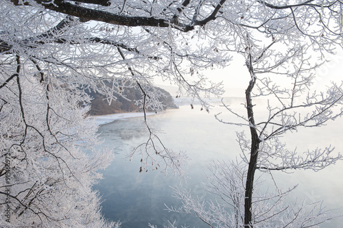 High angle and morning view of trees with hoarfrost against foggy Soyang River at Dong-myeon near Chuncheon-si, South Korea
 photo