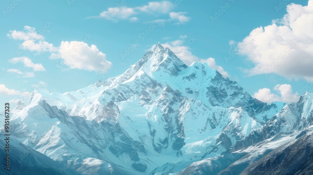 A majestic mountain range with snow-capped peaks under a blue sky. A majestic mountain range with snow-capped peaks under a blue sky.