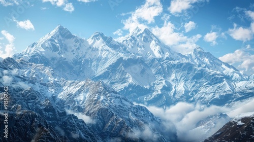 A majestic mountain range with snow-capped peaks and a clear blue sky.