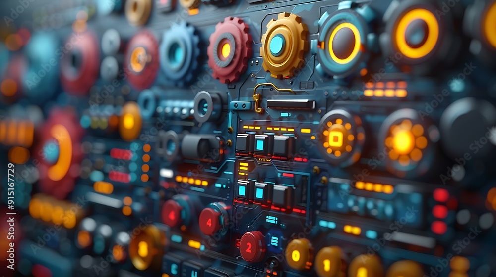 Fototapeta premium A 3D render of marketing automation, featuring automated workflows and software tools, vibrant colors, sleek design, clear layout, interactive elements, with a dark-themed background, hd quality,