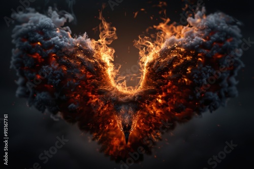 This artwork features a majestic bird with expansive wings fully engulfed in flames, representing fierceness, determination, and the intense beauty of nature on fire. photo