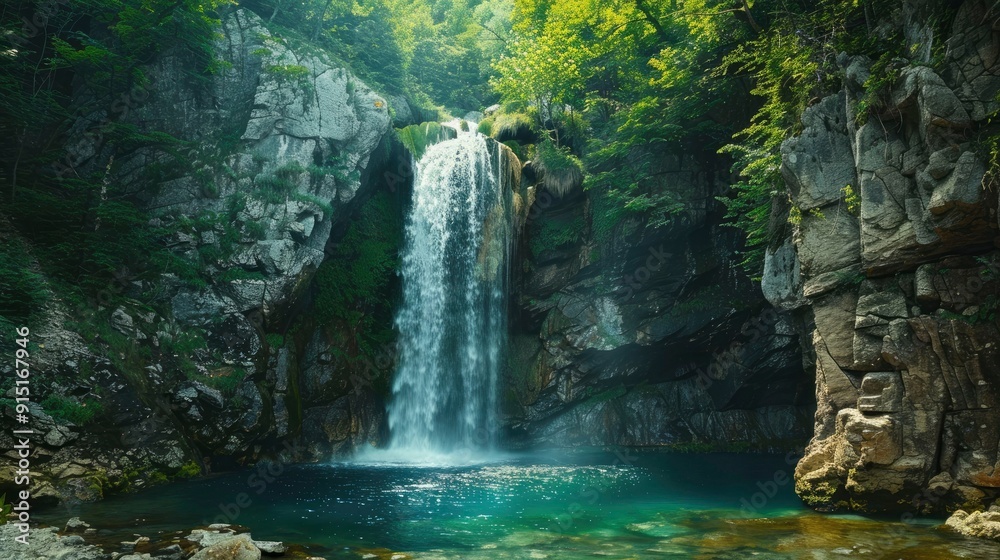 A majestic waterfall cascading into a pool in a forest. A majestic waterfall cascading into a pool in a forest.