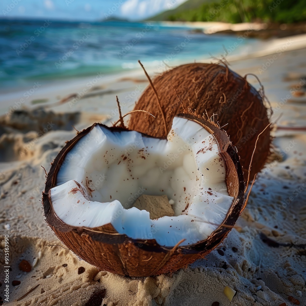 Coconut, split open to reveal the white flesh inside Coconut, split open to reveal the white flesh inside