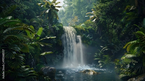 A majestic waterfall surrounded by lush green foliage.