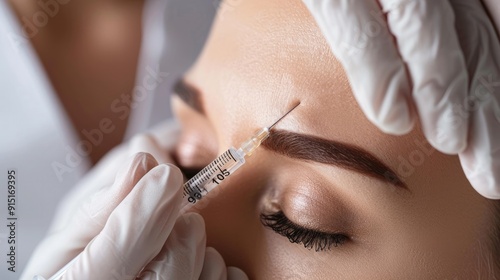 Woman receiving a botox injection on her forehead skin is smooth