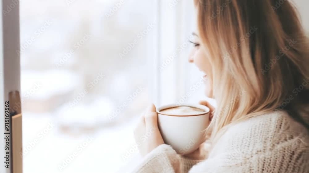 A smiling woman with blonde hair enjoying a cup of coffee by the window, wearing a cozy sweater A smiling woman with blonde hair enjoying a cup of coffee by the window, wearing a cozy sweater