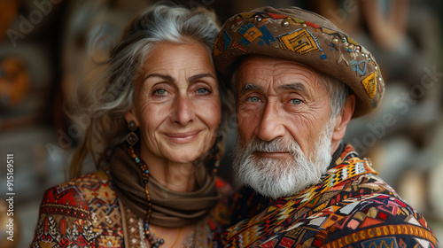 Portrait of Kosovars Senior Old Couple Wearing Traditional Dress with Floral Wreath, Showcasing European Cultural Heritage, Vibrant Colours and Handcrafted Details, with Embroidery photo