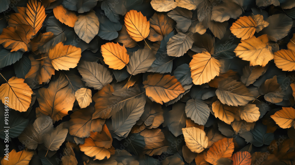 Fototapeta premium Top view of a background of autumn leaves, photography