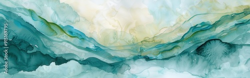 Wallpaper Mural An abstract painting with swirling, flowing shapes in shades of teal and yellow. The composition creates the impression of a landscape, with rolling hills and a light sky. The painting has a soft, eth Torontodigital.ca