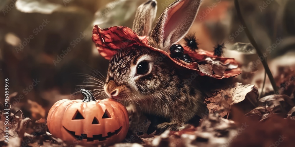 Obraz premium Adorable Rabbit in Autumn Foliage with Pumpkin Jack-o'-Lantern for Halloween