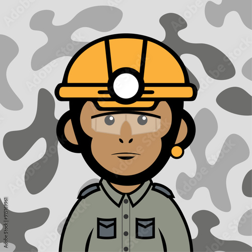 pierced miner chimp chimpanzee wearing a helmet, safety glasses and green shirt in grey camouflage  background in color block flat illustration