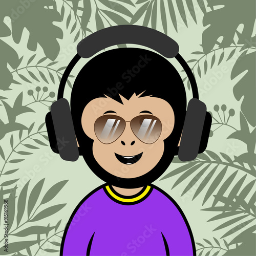 smiling chimp chimpanzee wearing a headphone, aviator sunglasses and purple t-shirt in a jungle background in color block flat illustration