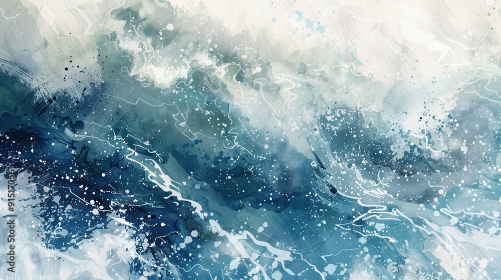Fototapeta premium The image is a digital painting that depicts ocean waves with an abstract and stylized style. The painting uses shades of blue and white to create a sense of movement and depth.