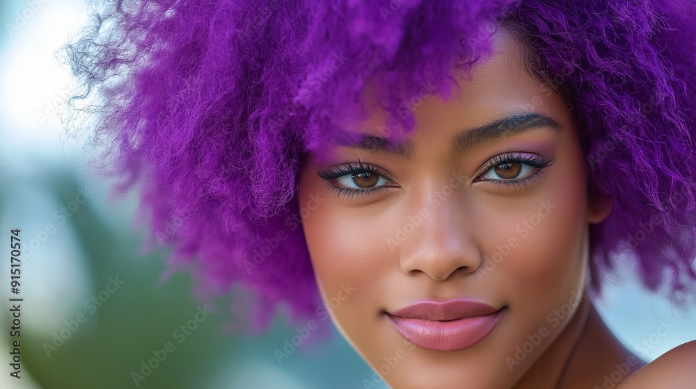A woman with purple hair is smiling and looking at the camera. Concept of confidence and self-assurance, as the woman's bold hair color and bright smile suggest that she is comfortable in her own skin A woman with purple hair is smiling and looking at the camera. Concept of confidence and self-assurance, as the woman's bold hair color and bright smile suggest that she is comfortable in her own skin