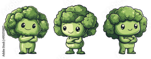 Green humanoid character with broccoli head, arms crossed, smiling, broccoli mascot cartoon, generative ai