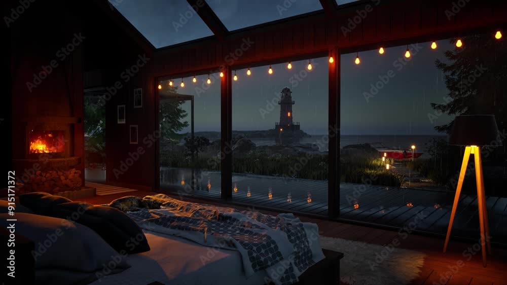 Cozy, warm atmosphere in the house near a burning fireplace overlooking the sea lagoon with a lighthouse on a rainy day. 3D animation.