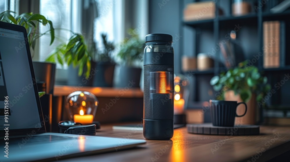 A close-up of a smart water bottle that tracks hydration levels A close-up of a smart water bottle that tracks hydration levels