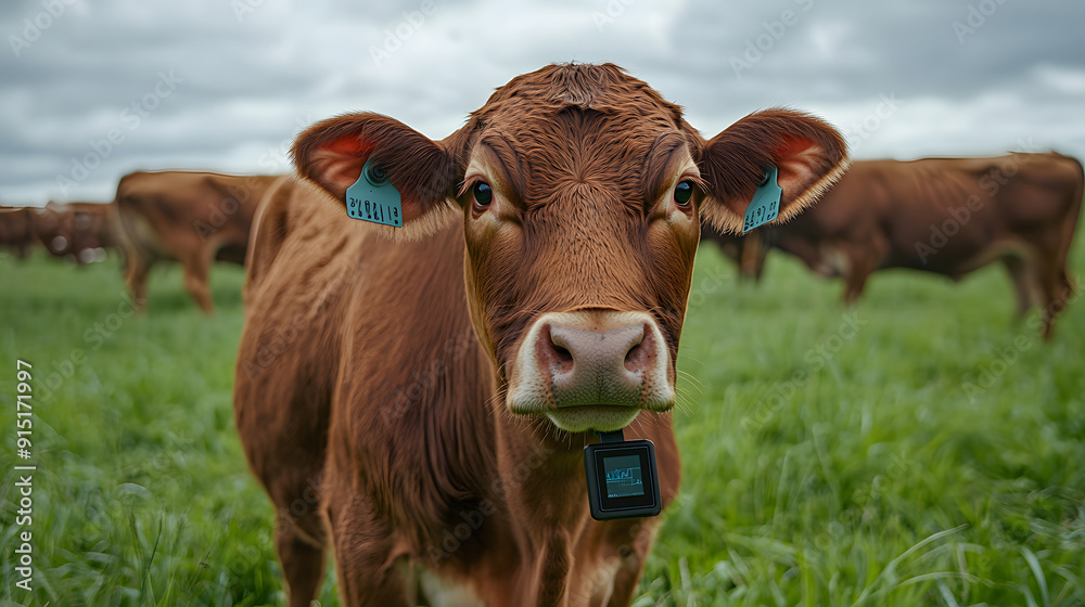 A Brown Cow Wearing an Artificial Intelligence Device on Its Ear in a Field, Showcasing Agricultural Technology Integration A Brown Cow Wearing an Artificial Intelligence Device on Its Ear in a Field, Showcasing Agricultural Technology Integration