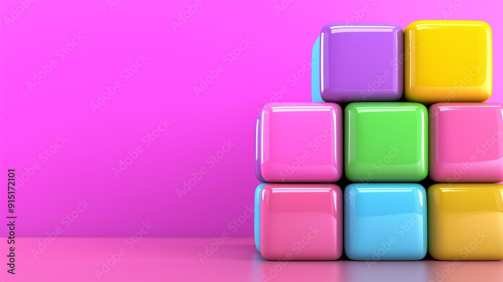 A stack of colorful blocks on a pink background. The blocks are arranged in a pyramid shape, with the pink background providing a contrasting color. Concept of playfulness and creativity A stack of colorful blocks on a pink background. The blocks are arranged in a pyramid shape, with the pink background providing a contrasting color. Concept of playfulness and creativity