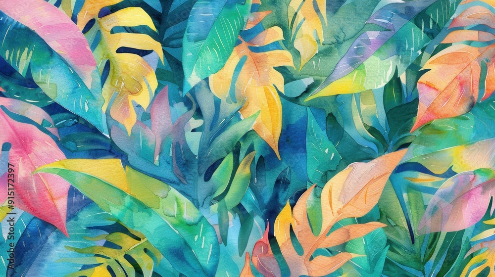 A watercolor painting featuring a close-up view of tropical leaves in vibrant colors. The leaves are painted in shades of green, blue, yellow, pink, and orange, creating a lush and colorful scene. The A watercolor painting featuring a close-up view of tropical leaves in vibrant colors. The leaves are painted in shades of green, blue, yellow, pink, and orange, creating a lush and colorful scene. The