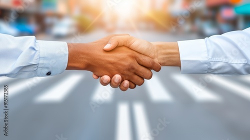 Two men shaking hands in the middle of a crosswalk with a blurre