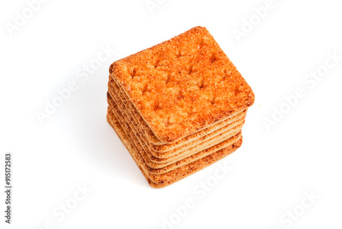 A stack of crackers with beef floss flavor. Isolated on white background. Perfect for design element, product packaging, promotion, or any commercial purposes. photo